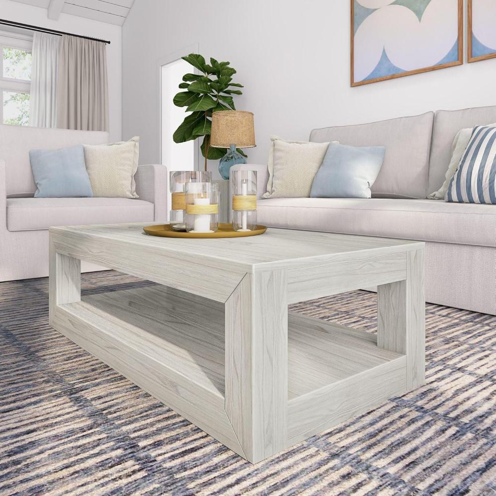 image:imagePlankBeam 40 Modern Rectangular Coffee Table with Shelf Solid Wood Center Table with Storage 2 Tier Tea Table for Living Room Blonde WirebrushWhite Sand Wirebrush