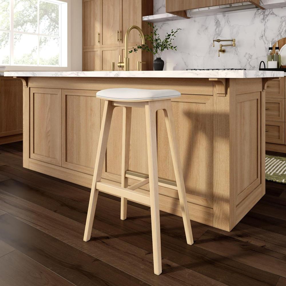 image:imagePlankBeam Beryl Bar Height Stool  MidCentury Modern Rubberwood Bar Stool with Faux Leather Seat Metal Footrest Easy Assembly PecanToffeeBlondeSesame