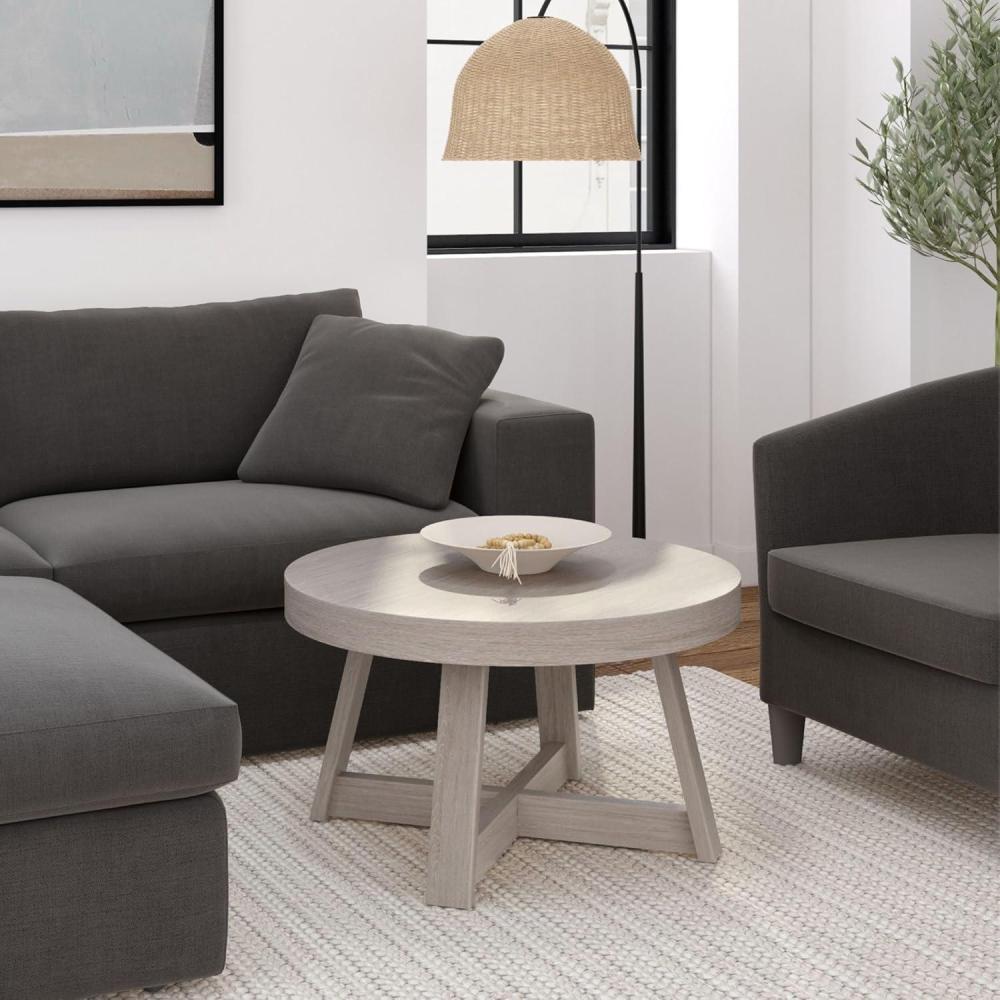 image:imagePlankBeam Classic Round Coffee Table 30 Inch Farmhouse Coffee Table Rustic Mini Center Tables for Small Spaces Small Living Space Tea Table Blonde WirebrushSeashell Wirebrush