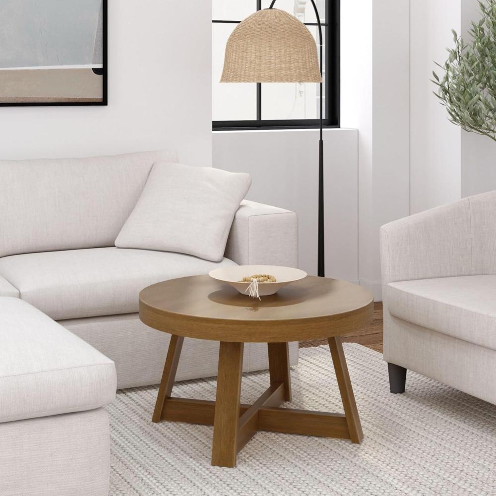image:imagePlankBeam Classic Round Coffee Table 30 Inch Farmhouse Coffee Table Rustic Mini Center Tables for Small Spaces Small Living Space Tea Table Blonde WirebrushPecan Wirebrush