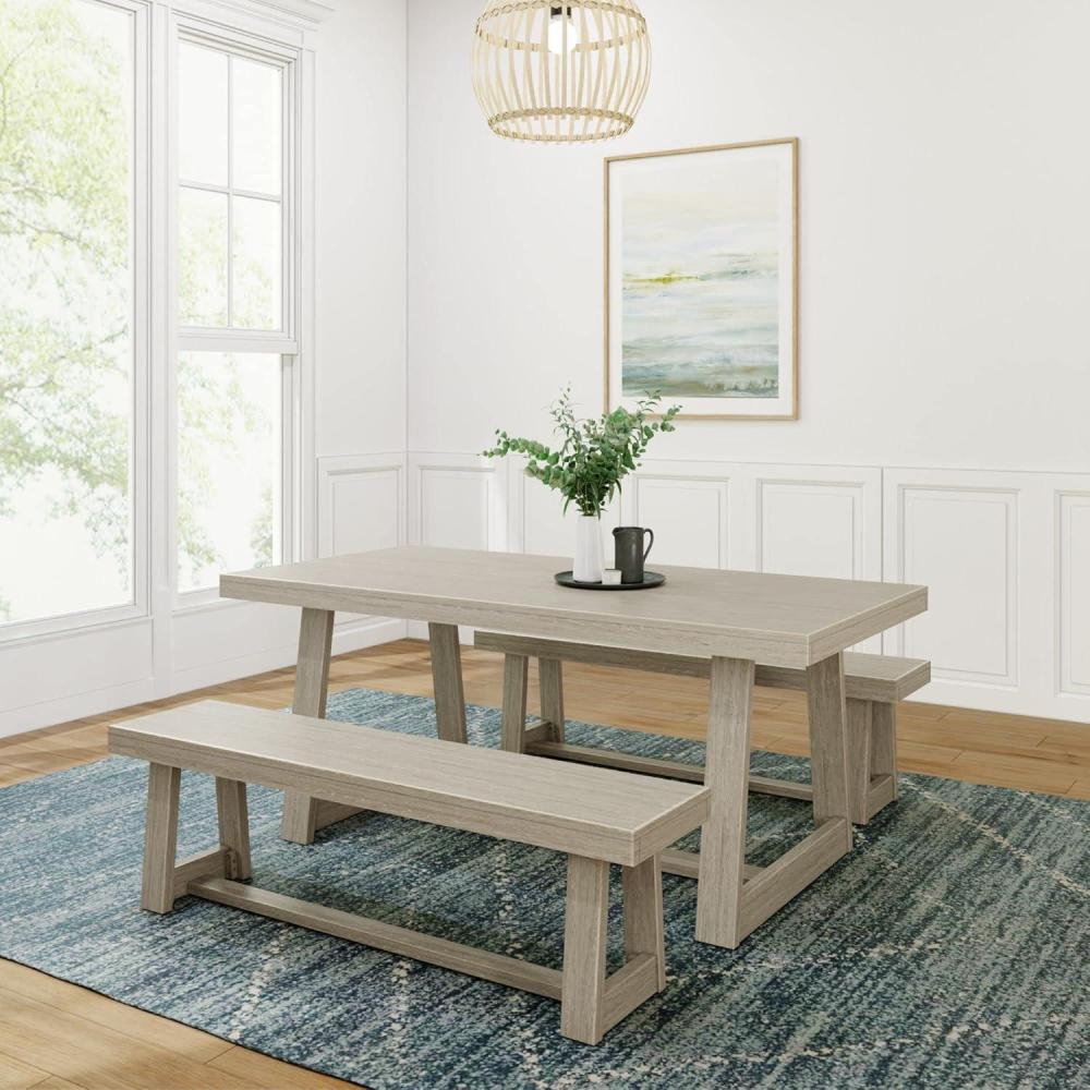 image:imagePlankBeam Classic Wood Dining Table Set Solid Wood Dining Table with 2 Benches for Dining RoomKitchen Seashell Wirebrush