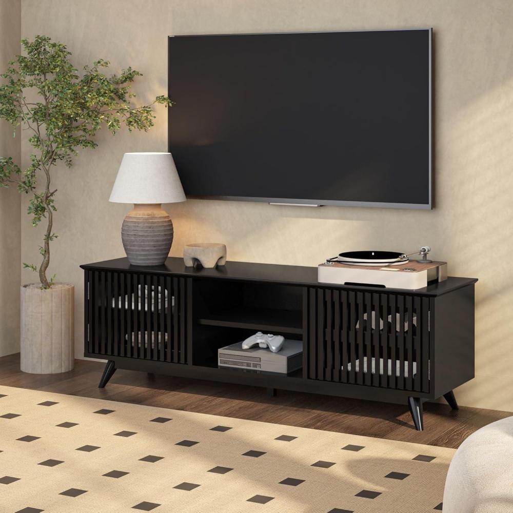 image:imagePlankBeam MidCentury Modern Wood TV Stand Solid Wood Entertainment Console with Storage 59 L x 16 W x 19 H BlackBlack