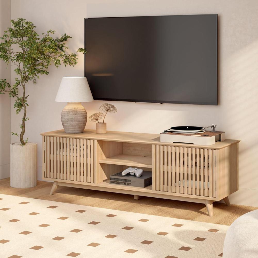 image:imagePlankBeam MidCentury Modern Wood TV Stand Solid Wood Entertainment Console with Storage 59 L x 16 W x 19 H BlackBlonde