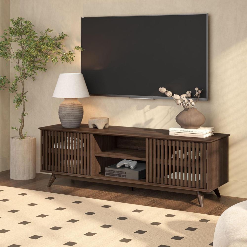 image:imagePlankBeam MidCentury Modern Wood TV Stand Solid Wood Entertainment Console with Storage 59 L x 16 W x 19 H BlackWalnut