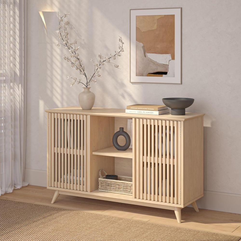 image:imagePlankBeam MidCentury Modern Wood TV Stand Solid Wood Entertainment Console with Storage 59 L x 16 W x 30 H WalnutBlonde