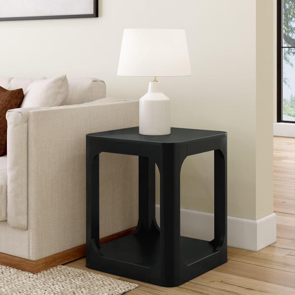 image:imagePlankBeam Modern Rounded Rectangular Side Table with Shelf Solid Wood End Table for Living Room 25in PecanBlack