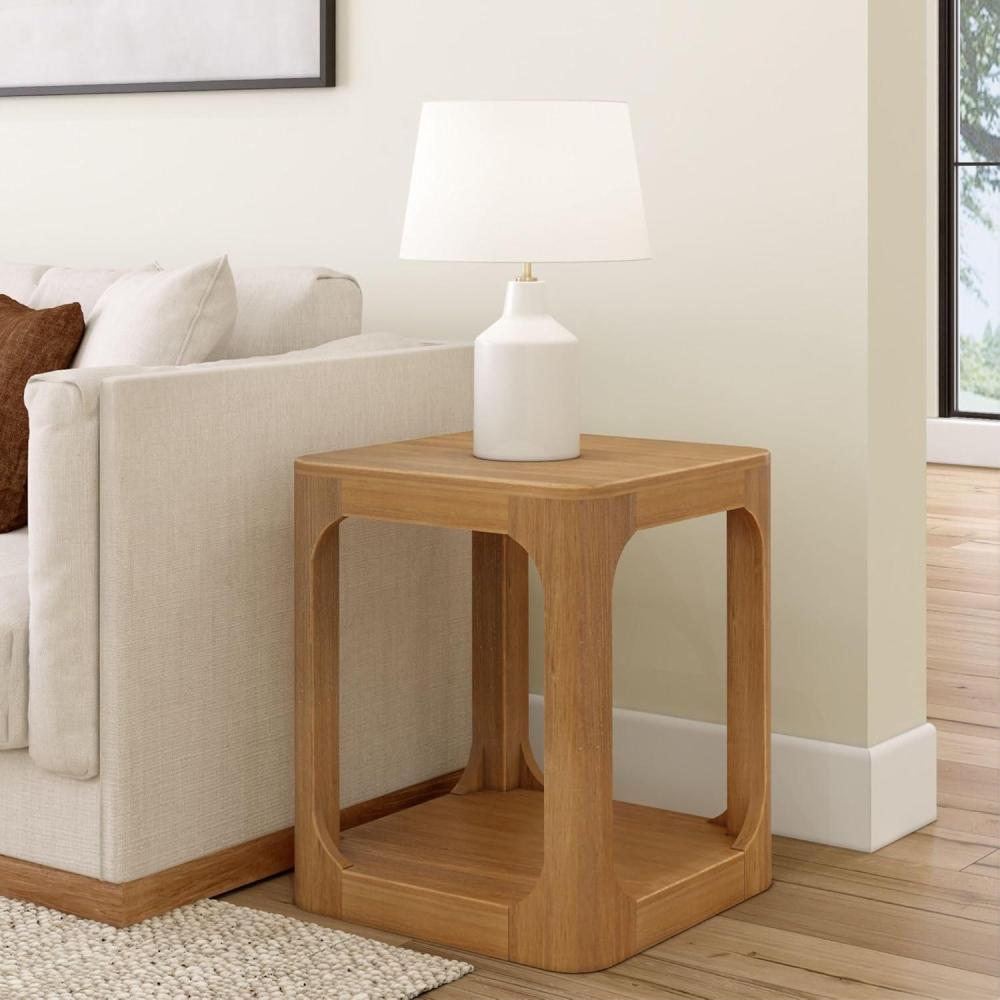 image:imagePlankBeam Modern Rounded Rectangular Side Table with Shelf Solid Wood End Table for Living Room 25in PecanPecan