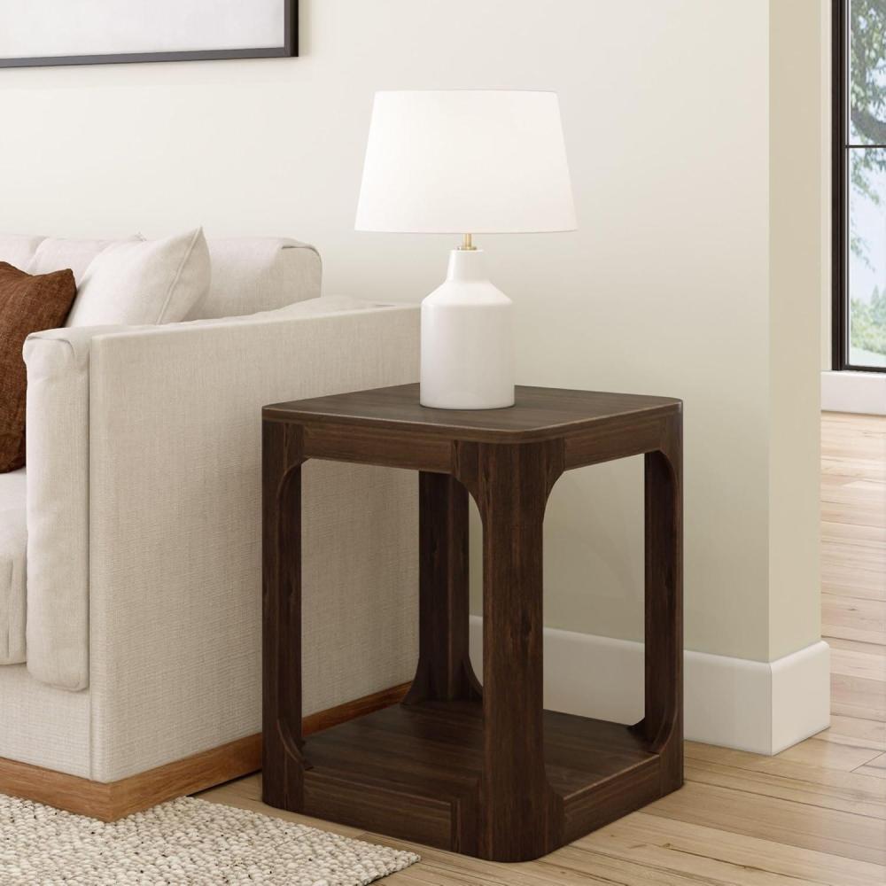 image:imagePlankBeam Modern Rounded Rectangular Side Table with Shelf Solid Wood End Table for Living Room 25in PecanWalnut