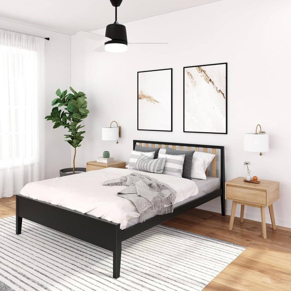 image:imagePlankBeam Modern Solid Wood Queen Bed Frame with Slatted Headboard Scandinavian Platform Bed with Wood Slat Support Easy to Assemble BlackBlackBlonde