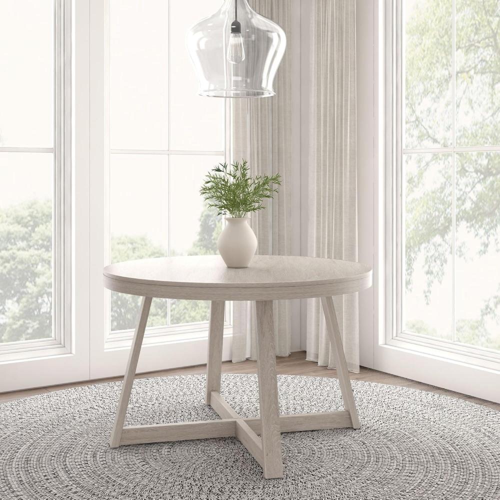 image:imagePlankBeam Round Dining Table 47 Inch Solid Wood Kitchen Table Farmhouse Round Table for 4 Small Dinette Table Black WirebrushSeashell Wirebrush