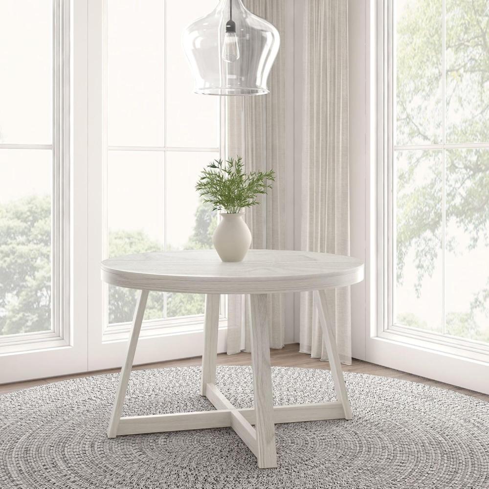 image:imagePlankBeam Round Dining Table 47 Inch Solid Wood Kitchen Table Farmhouse Round Table for 4 Small Dinette Table Black WirebrushWhite Sand Wirebrush
