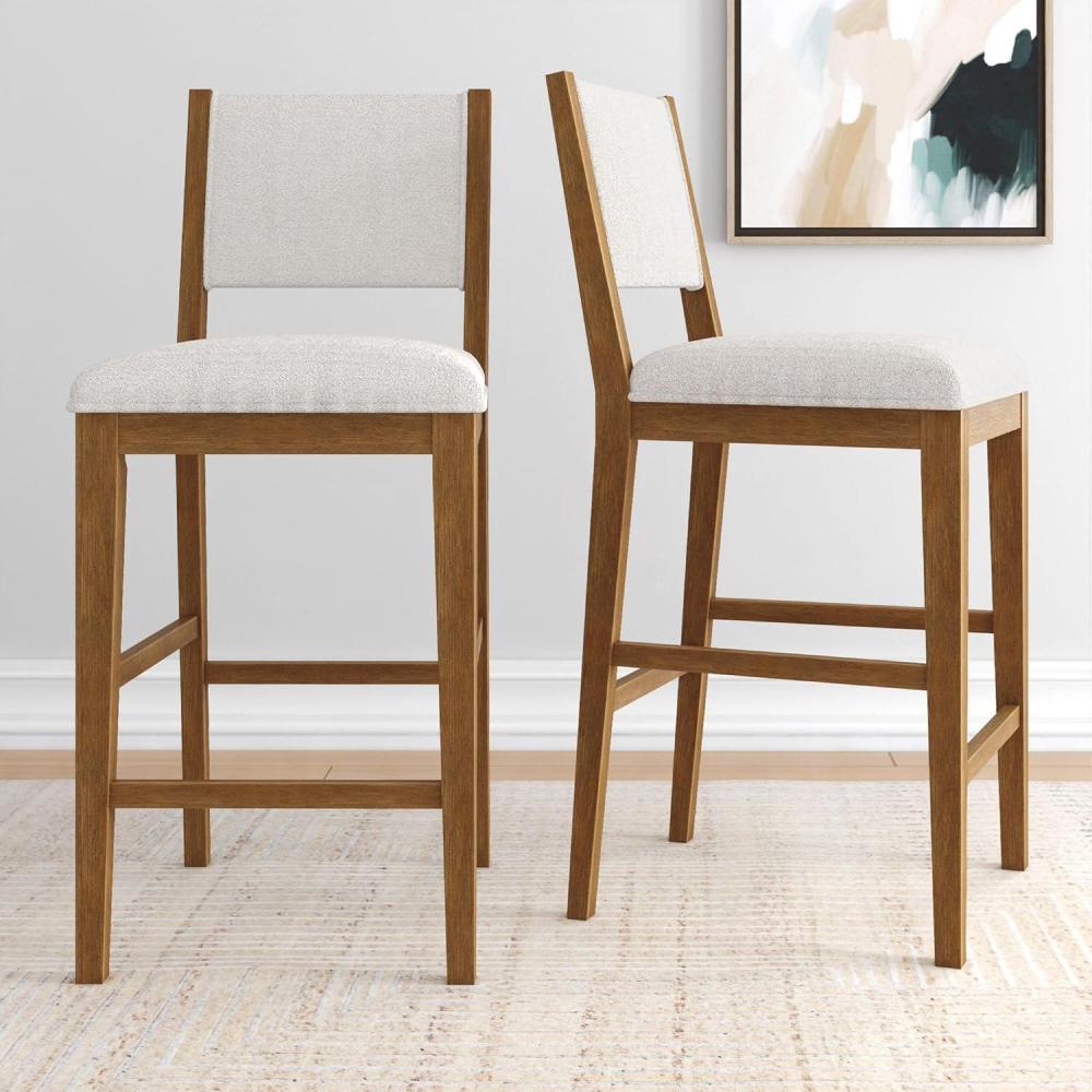 image:imagePlankBeam Sereno Bar Stool 30 Set of 2 Sturdy Wood Modern Kitchen Bar Height Stool Upholstered Cushion Bar Chair with Back PecanIvoryPecanIvory
