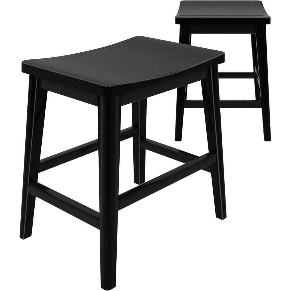 image:imagePlankBeam Smythe Dining Stool 18 Vanity Stools Set of 2 Sturdy Wood Modern Kitchen Stool Saddle Seat Backless Chair Metal Footrest BlackBlack
