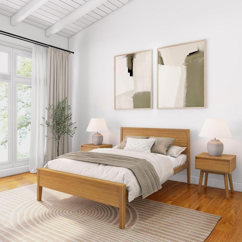 image:imagePlankBeam Solid Wood Full Bed Frame with Panel Headboard Modern Full Platform Bed with Wood Slat Support No Box Spring Needed Pecan