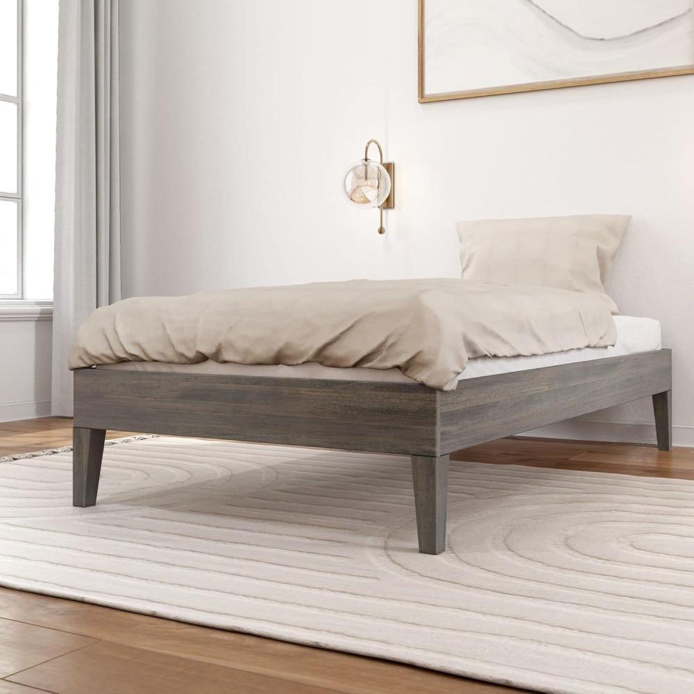 image:imagePlankBeam Solid Wood Platform Bed Frame Strong Wood Slat Support No Box Spring Needed Easy Assembly Driftwood FullDriftwood