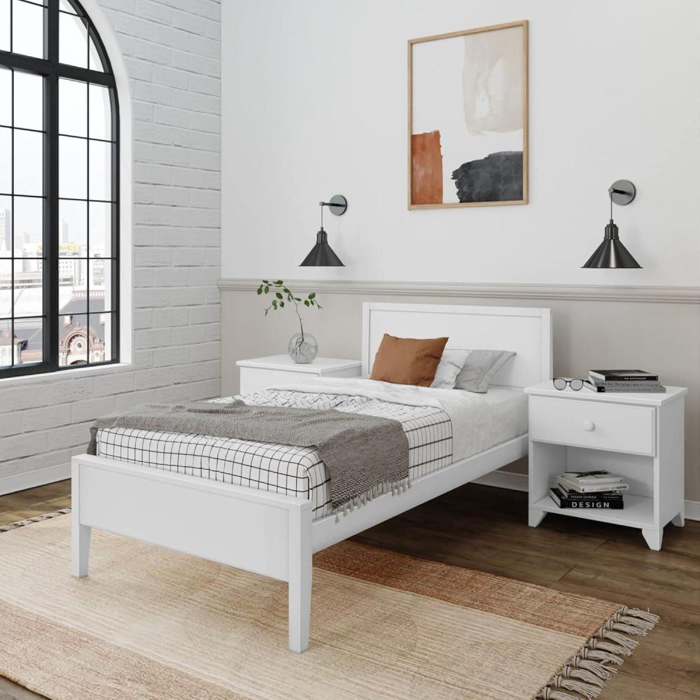 image:imagePlankBeam Solid Wood Queen Bed Frame with Panel Headboard Modern Queen Platform Bed with Wood Slat Support No Box Spring Needed ClayWhite