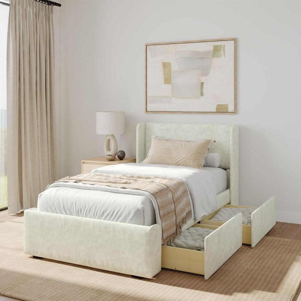 image:imagePlankBeam Upholstered Twin Bed Frame with Rectangular Headboard Upholstered Platform Bed No Box Spring Needed Easy Assembly CreamCream