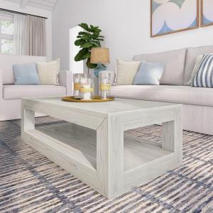 Plank+Beam 40″ Modern Rectangular Coffee Table with Shelf, Solid Wood Center Table with Storage, 2 Tier Tea Table for Living Room, Blonde Wirebrush(White Sand Wirebrush)
