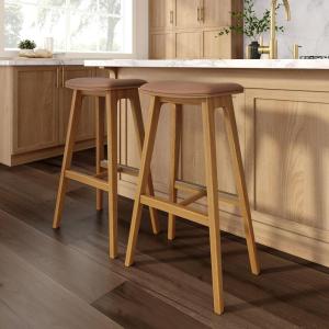 Plank+Beam Beryl Counter Height Stool – Mid-Century Modern Rubberwood Bar Stool with Faux Leather Seat, Metal Footrest, Easy Assembly, 4-Pack, Blonde/Sesame(Pecan/Toffee)