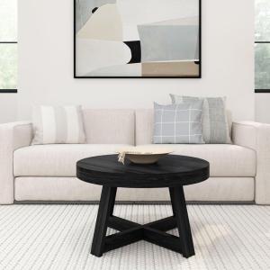 Plank+Beam Classic Round Coffee Table, 30 Inch Farmhouse Coffee Table, Rustic Mini Center Tables for Small Spaces, Small Living Space Tea Table, Blonde Wirebrush(Black Wirebrush)