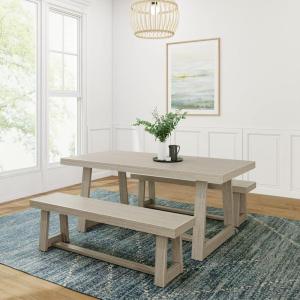 Plank+Beam Classic Wood Dining Table Set, Solid Wood Dining Table with 2 Benches for Dining Room/Kitchen, Seashell Wirebrush