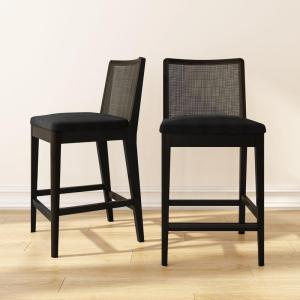 Plank+Beam Elio Counter Height Bar Chair (2-Pack) – Rattan Back, Bouclé Upholstered Seat, Solid Rubberwood Frame, Low-VOC Finish, Easy Assembly, Black/Black