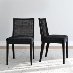 Plank+Beam Elio Dining Chair (4-Pack) – Rattan Back, Bouclé Upholstered Seat, Solid Rubberwood Frame, Low-VOC Finish, Easy Assembly, Black/Black(Black/Black)