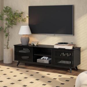 Plank+Beam Mid-Century Modern Wood TV Stand, Solid Wood Entertainment Console with Storage, 59″ L x 16″ W x 19″ H, Black(Black)