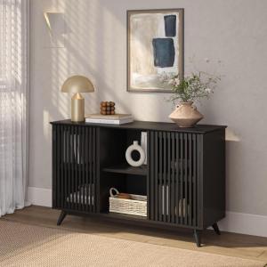Plank+Beam Mid-Century Modern Wood TV Stand, Solid Wood Entertainment Console with Storage, 59″ L x 16″ W x 30″ H, Walnut(Black)