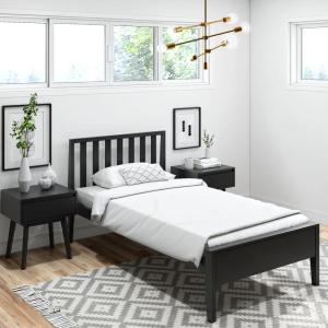 Plank+Beam Modern Solid Wood Queen Bed Frame with Slatted Headboard, Scandinavian Platform Bed with Wood Slat Support, Easy to Assemble, Black(Black)