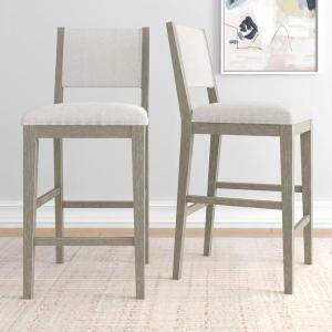 Plank+Beam Sereno Bar Stool, 30″, Set of 2, Sturdy Wood Modern Kitchen Bar Height Stool, Upholstered Cushion Bar Chair with Back, Pecan/Ivory(Antique White/Ivory)