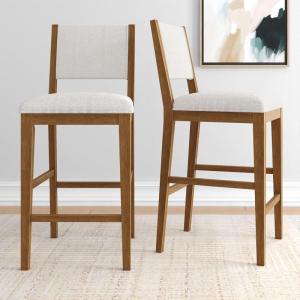 Plank+Beam Sereno Bar Stool, 30″, Set of 2, Sturdy Wood Modern Kitchen Bar Height Stool, Upholstered Cushion Bar Chair with Back, Pecan/Ivory(Pecan/Ivory)