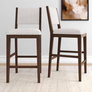 Plank+Beam Sereno Bar Stool, 30″, Set of 2, Sturdy Wood Modern Kitchen Bar Height Stool, Upholstered Cushion Bar Chair with Back, Pecan/Ivory(Walnut/Ivory)