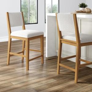 Plank+Beam Sereno Counter Stool, 24″, Set of 2, Sturdy Wood Modern Kitchen Counter Height Stool, Upholstered Cushion Counter Chair with Back, Pecan/Ivory(Pecan)