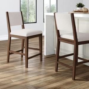 Plank+Beam Sereno Counter Stool, 24″, Set of 2, Sturdy Wood Modern Kitchen Counter Height Stool, Upholstered Cushion Counter Chair with Back, Walnut/Ivory(Walnut)