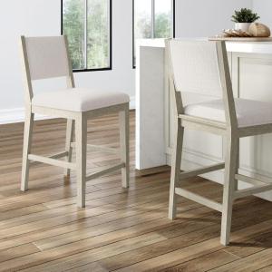 Plank+Beam Sereno Counter Stool, 24″, Set of 2, Sturdy Wood Modern Kitchen Counter Height Stool, Upholstered Cushion Counter Chair with Back, Walnut/Ivory(White)