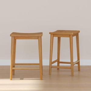 Plank+Beam Smythe Bar Stool, 30″, Set of 4, Sturdy Wood Modern Kitchen Bar Height Stool, Saddle Seat Backless Bar Chair, Metal Footrest, Blonde(Pecan)