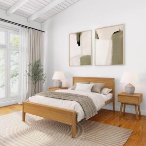 Plank+Beam Solid Wood Full Bed Frame with Panel Headboard, Modern Full Platform Bed with Wood Slat Support, No Box Spring Needed, Pecan
