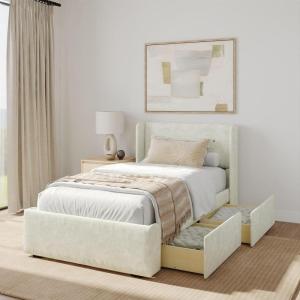Plank+Beam Upholstered Twin Bed Frame with Rectangular Headboard, Upholstered Platform Bed, No Box Spring Needed, Easy Assembly, Cream(Cream)