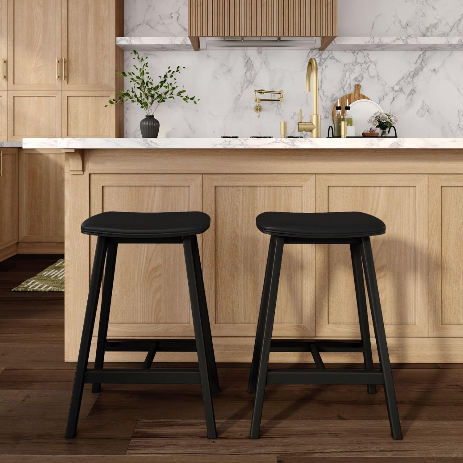 image:imagePlankBeam Beryl Counter Height Stool MidCentury Modern Rubberwood Bar Stool with Faux Leather Seat Metal Footrest Easy Assembly 2Pack BlondeSesameBlackBlack