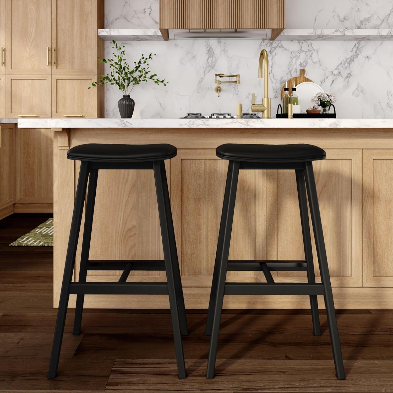 image:imagePlankBeam Beryl Counter Height Stool MidCentury Modern Rubberwood Bar Stool with Faux Leather Seat Metal Footrest Easy Assembly 2Pack BlondeSesameBlackBlack