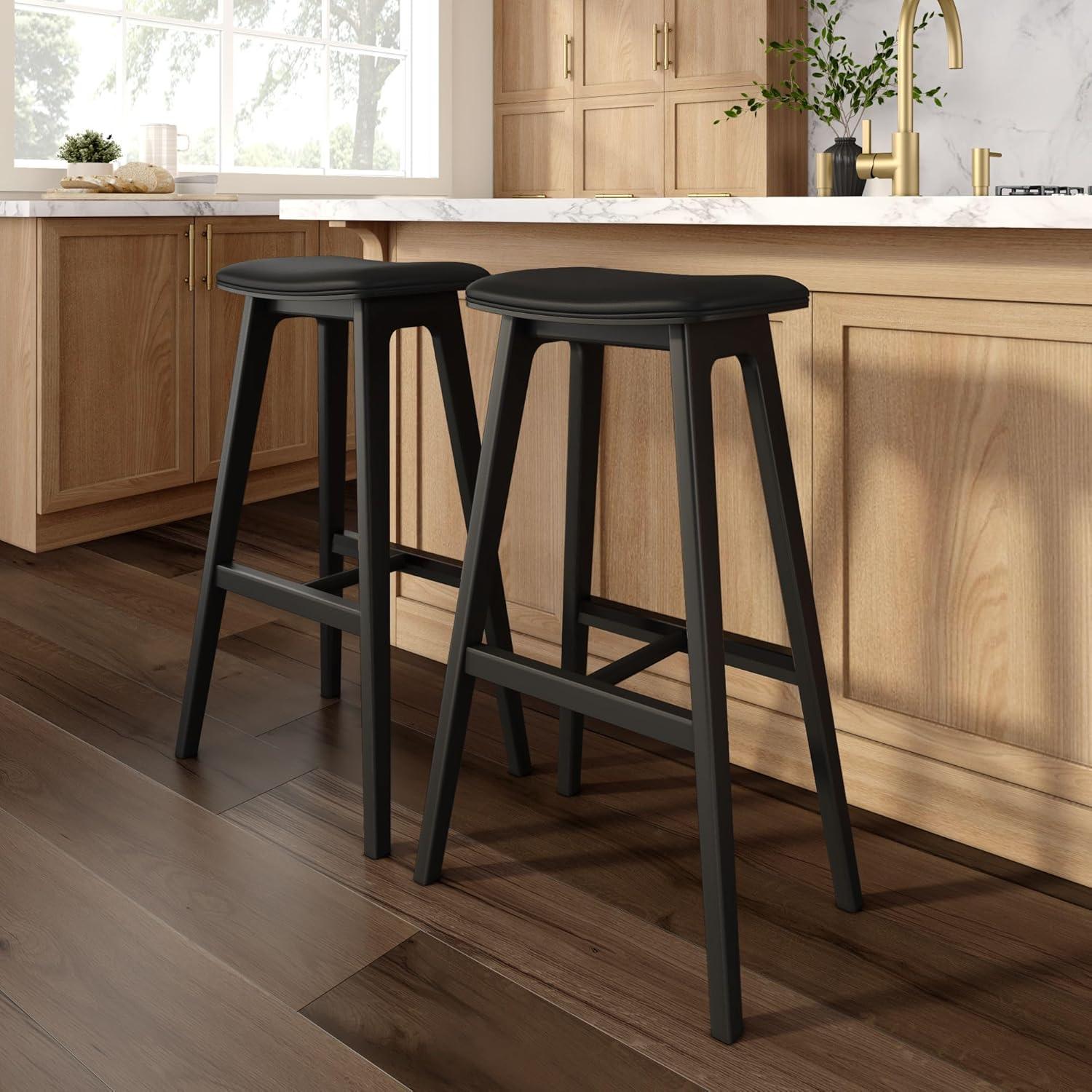 image:imagePlankBeam Beryl Counter Height Stool MidCentury Modern Rubberwood Bar Stool with Faux Leather Seat Metal Footrest Easy Assembly 2Pack BlondeSesameBlackBlack