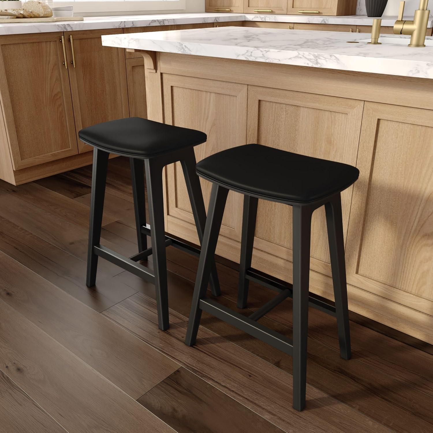 image:imagePlankBeam Beryl Counter Height Stool MidCentury Modern Rubberwood Bar Stool with Faux Leather Seat Metal Footrest Easy Assembly 2Pack BlondeSesameBlackBlack
