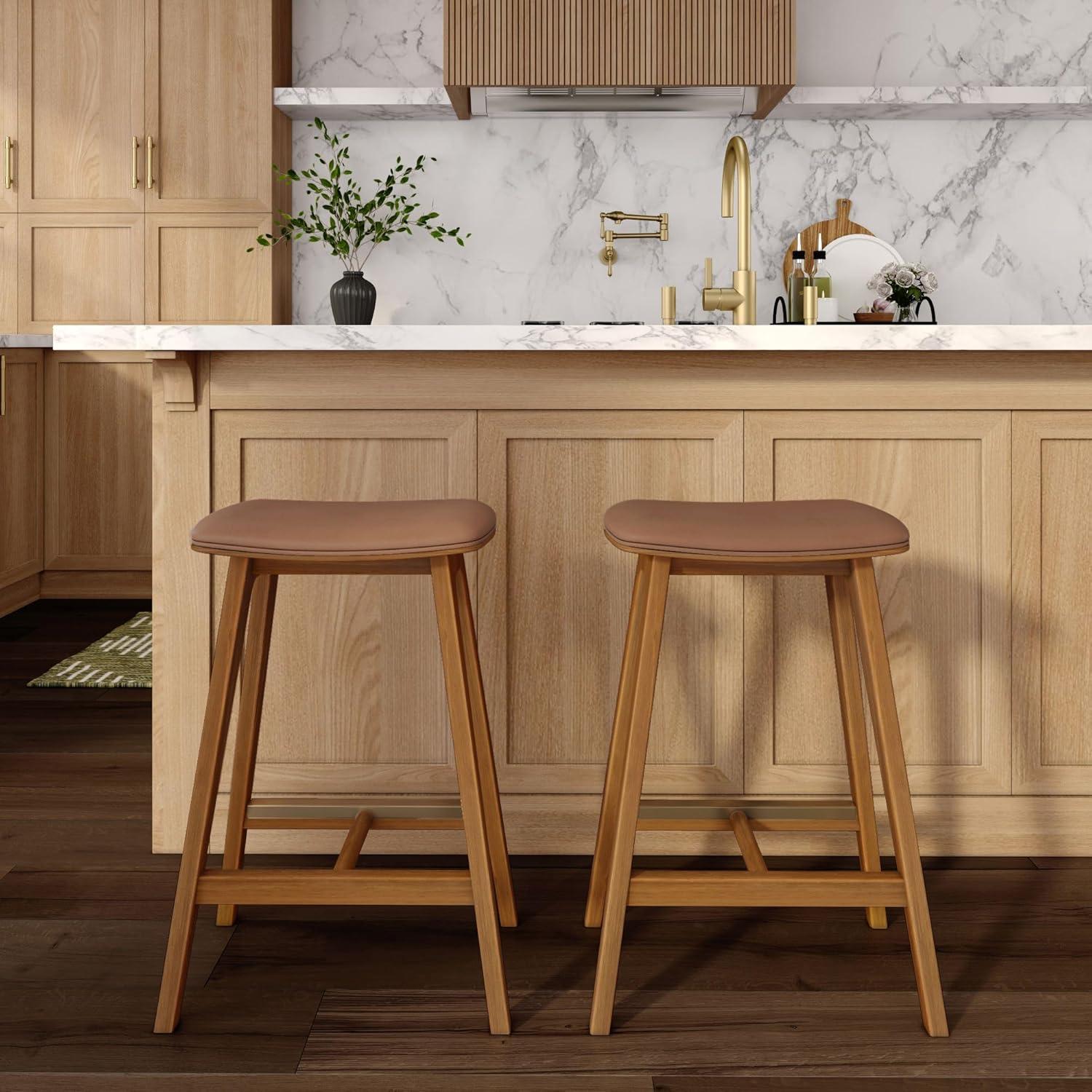 image:imagePlankBeam Beryl Counter Height Stool MidCentury Modern Rubberwood Bar Stool with Faux Leather Seat Metal Footrest Easy Assembly 2Pack BlondeSesamePecanToffee
