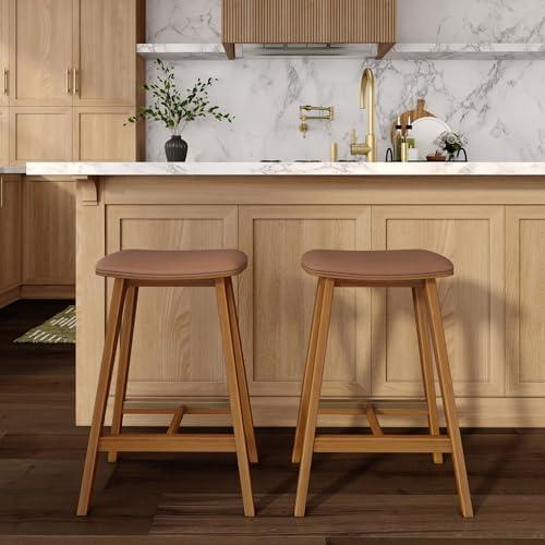 image:imagePlankBeam Beryl Counter Height Stool MidCentury Modern Rubberwood Bar Stool with Faux Leather Seat Metal Footrest Easy Assembly 2Pack BlondeSesamePecanToffee