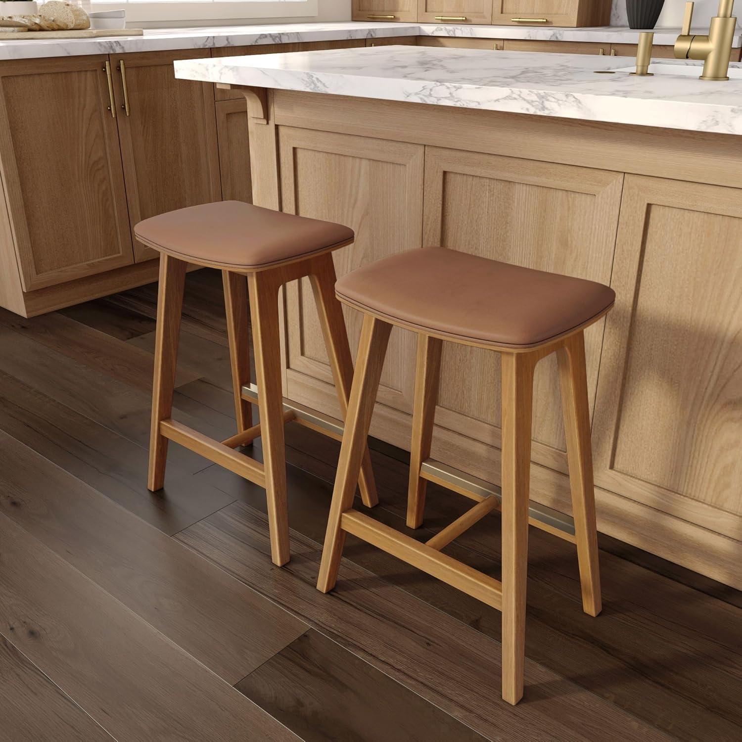 image:imagePlankBeam Beryl Counter Height Stool MidCentury Modern Rubberwood Bar Stool with Faux Leather Seat Metal Footrest Easy Assembly 2Pack BlondeSesamePecanToffee