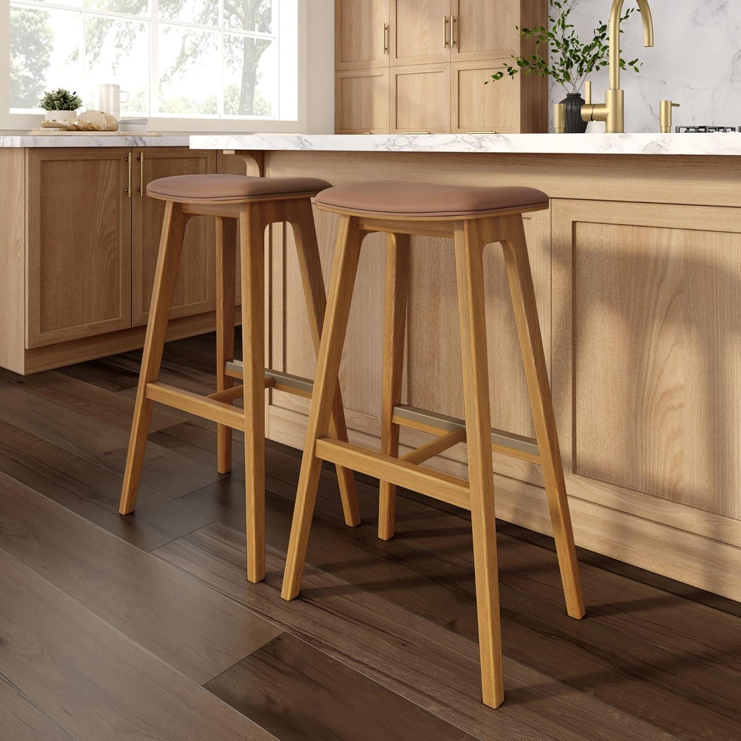 image:imagePlankBeam Beryl Counter Height Stool MidCentury Modern Rubberwood Bar Stool with Faux Leather Seat Metal Footrest Easy Assembly 2Pack BlondeSesamePecanToffee