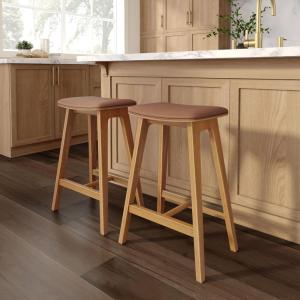 Plank+Beam Beryl Counter Height Stool – Mid-Century Modern Rubberwood Bar Stool with Faux Leather Seat, Metal Footrest, Easy Assembly, 2-Pack, Blonde/Sesame(Pecan/Toffee)