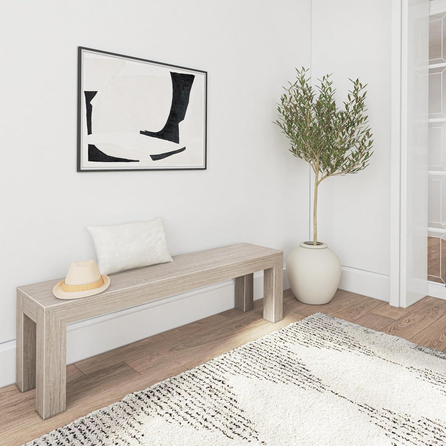 image:imagePlankBeam 60 Inch Dining Bench for Dining Room Table and Entryway Solid Wood Walnut Wirebrush FinishSeashell Wirebrush