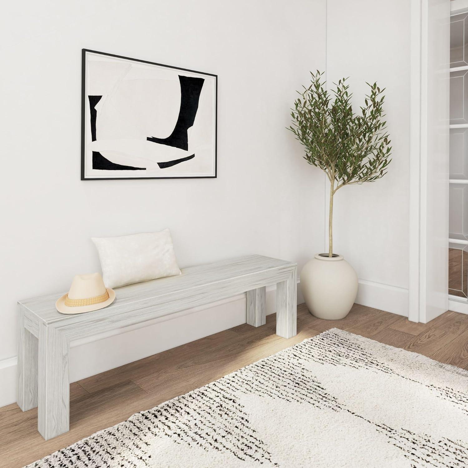 image:imagePlankBeam 60 Inch Dining Bench for Dining Room Table and Entryway Solid Wood Walnut Wirebrush FinishWhite Sand Wirebrush